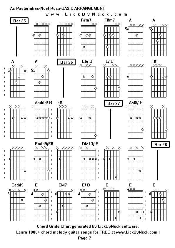 Chord Grids Chart of chord melody fingerstyle guitar song-As Pastorinhas-Noel Rosa-BASIC ARRANGEMENT ,generated by LickByNeck software.